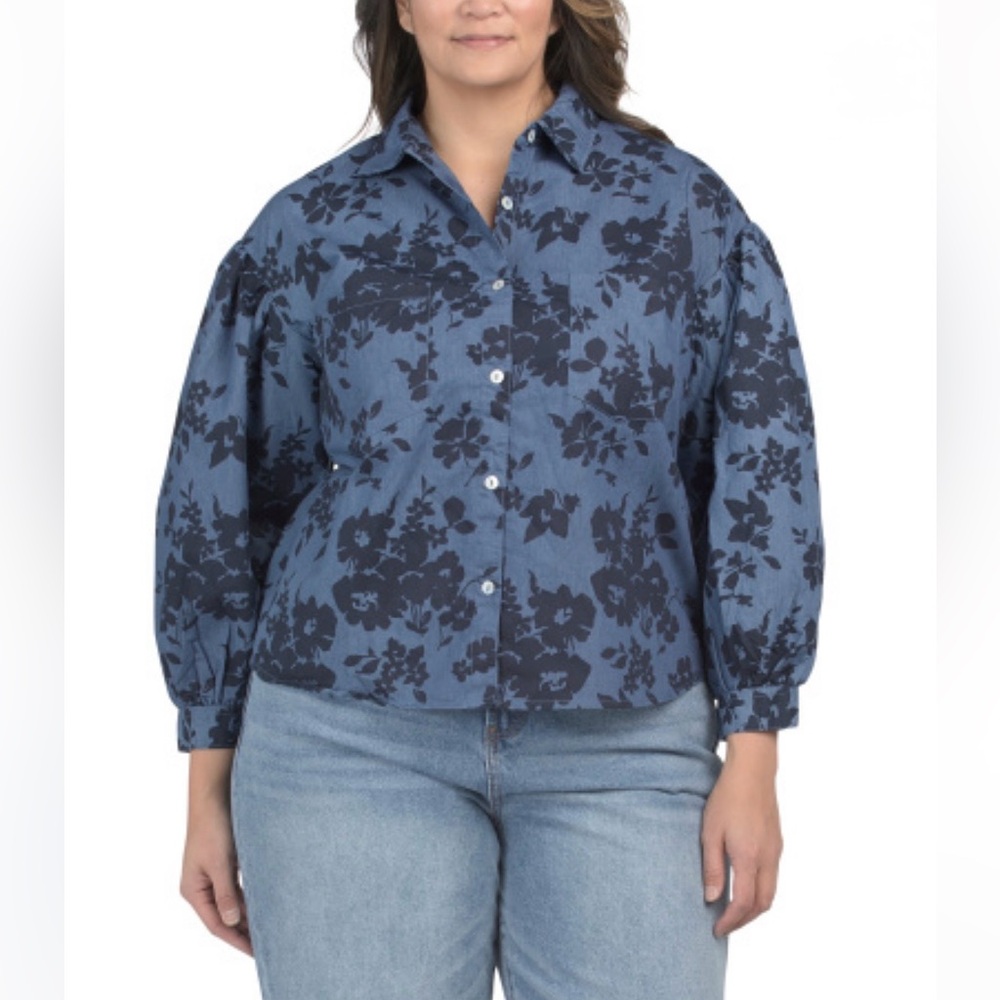 NWT Kaktus floral print denim button front shirt 1X